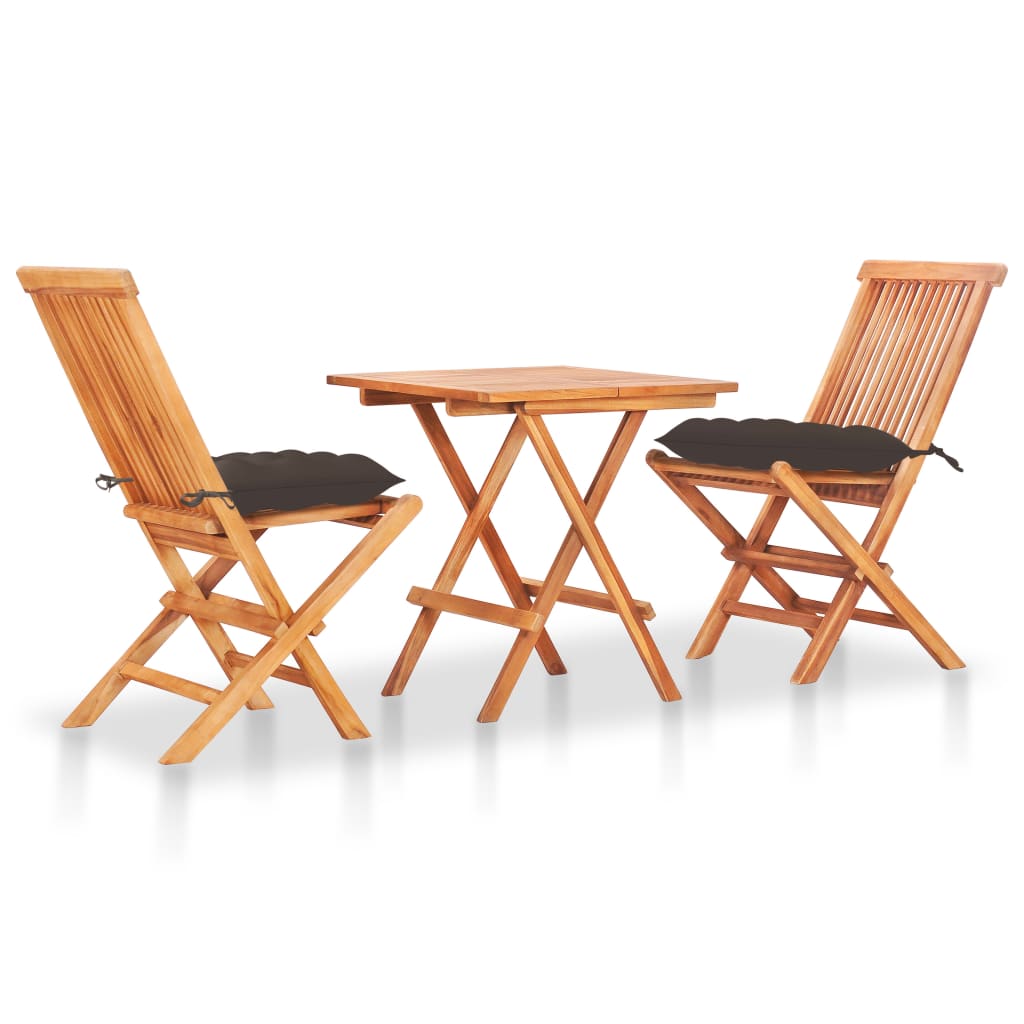 3-Tlg. Bistro-Set Mit Kissen Massivholz Teak
