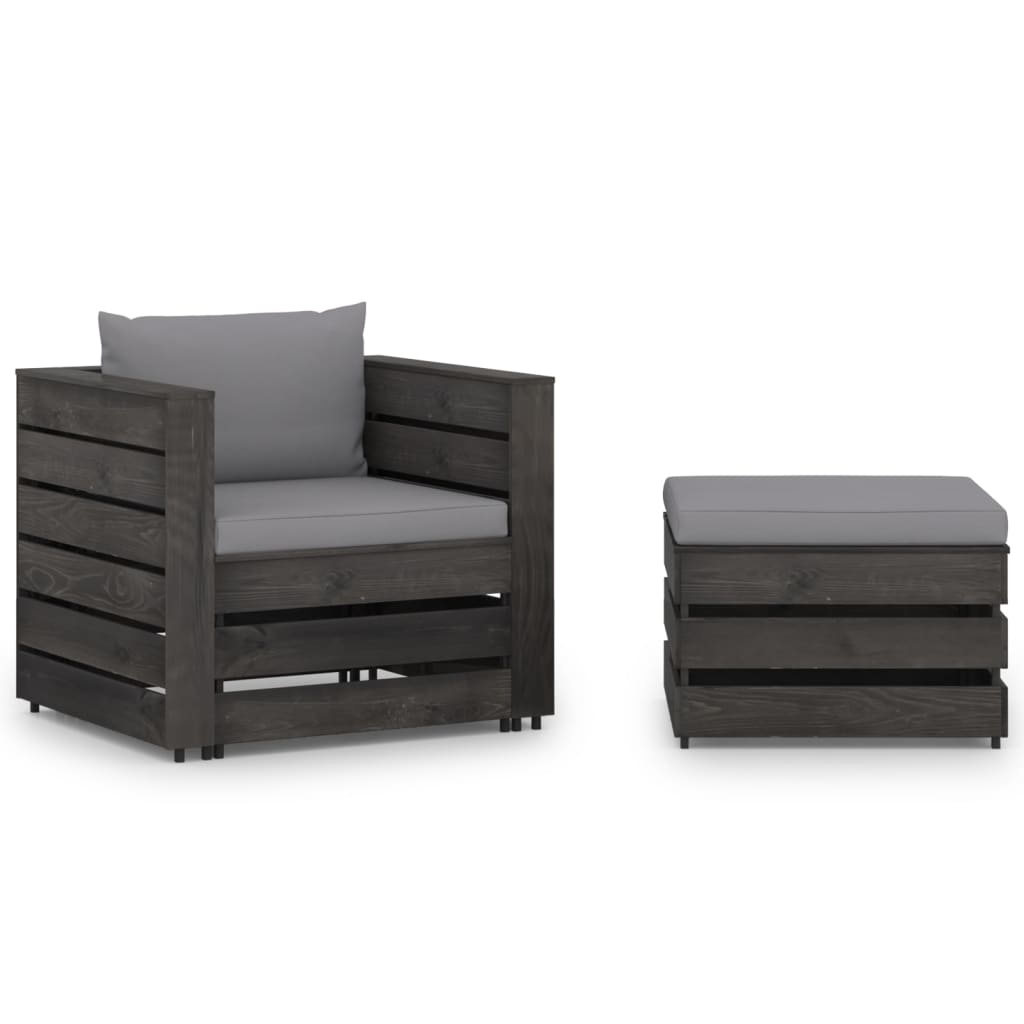 2-Tlg. Garten-Lounge-Set Mit Kissen Grau Imprägniertes Holz