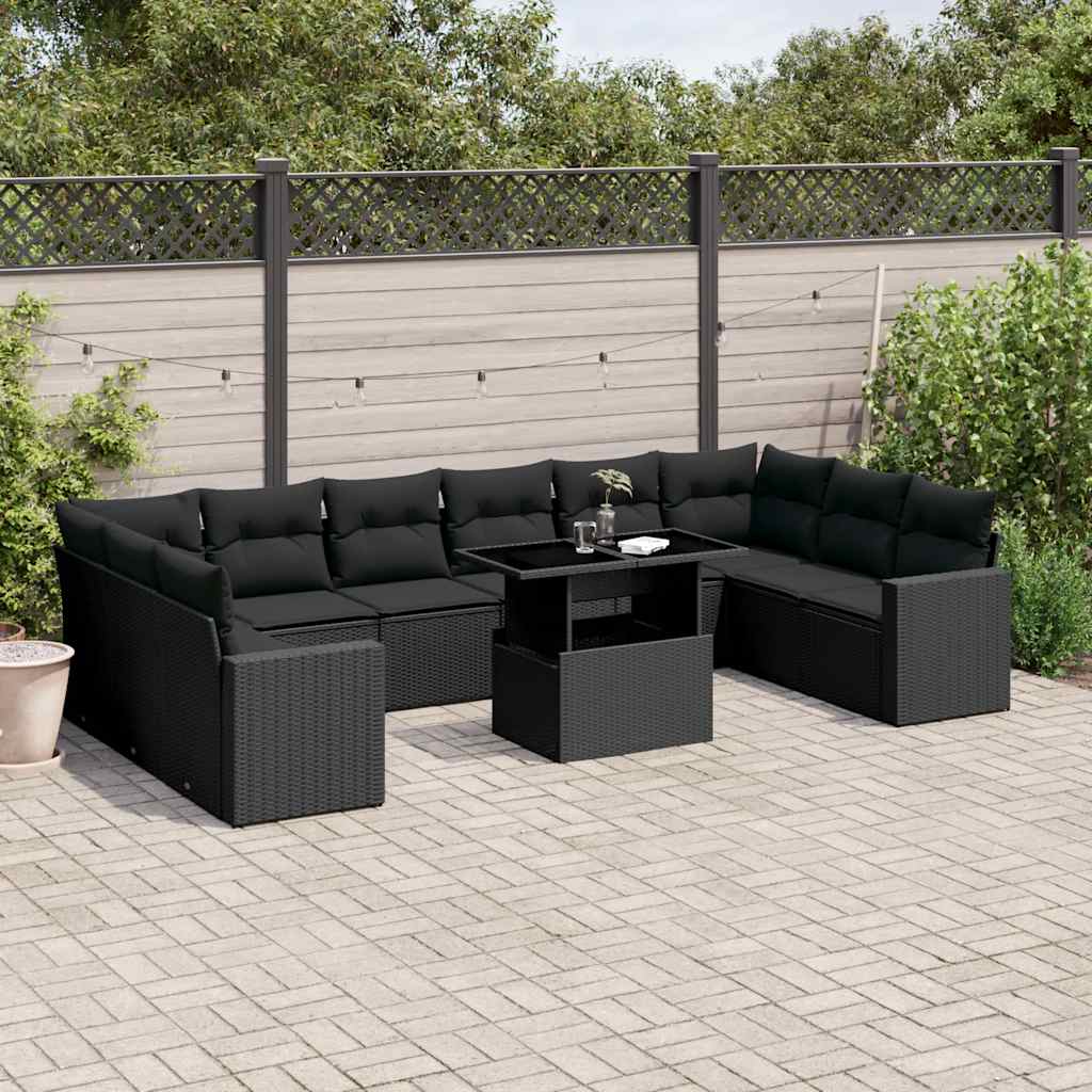 11-Tlg. Garten-Sofagarnitur Mit Kissen Schwarz Poly Rattan