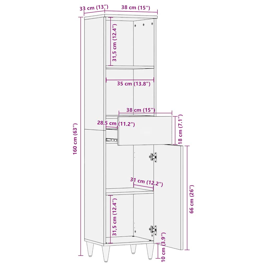 Badschrank 38X33X160 Cm Massivholz Mango