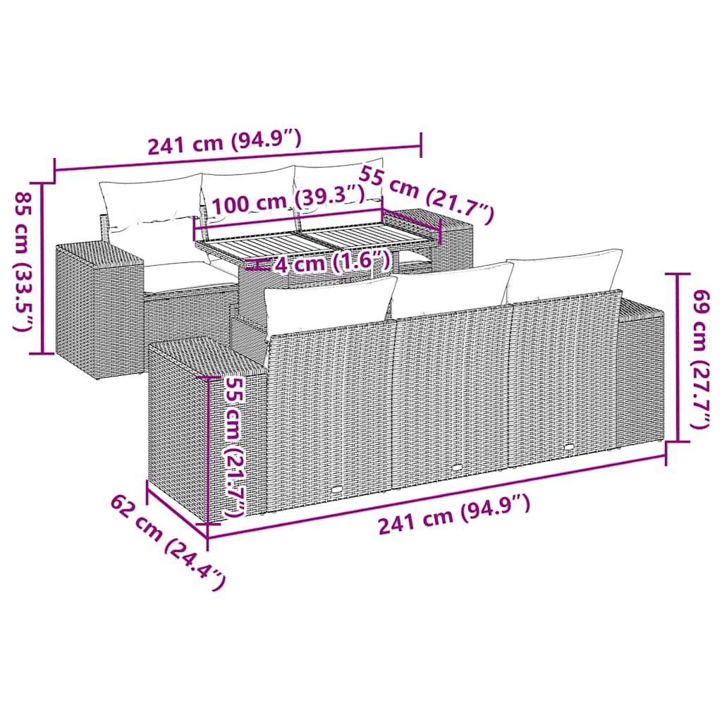 7-Tlg. Garten-Sofagarnitur Mit Kissen Poly Rattan