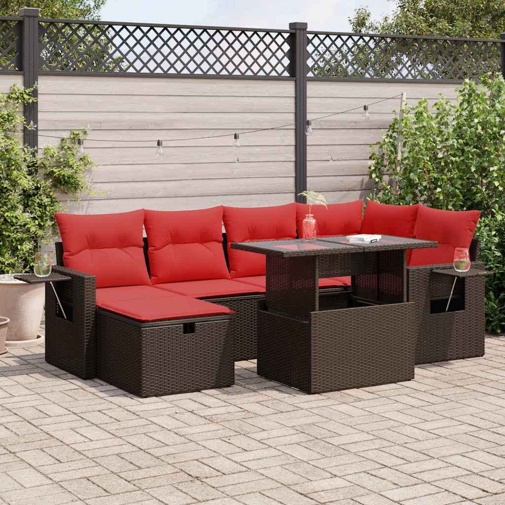 7-Tlg. Garten-Sofagarnitur Mit Kissen Poly Rattan Akazie