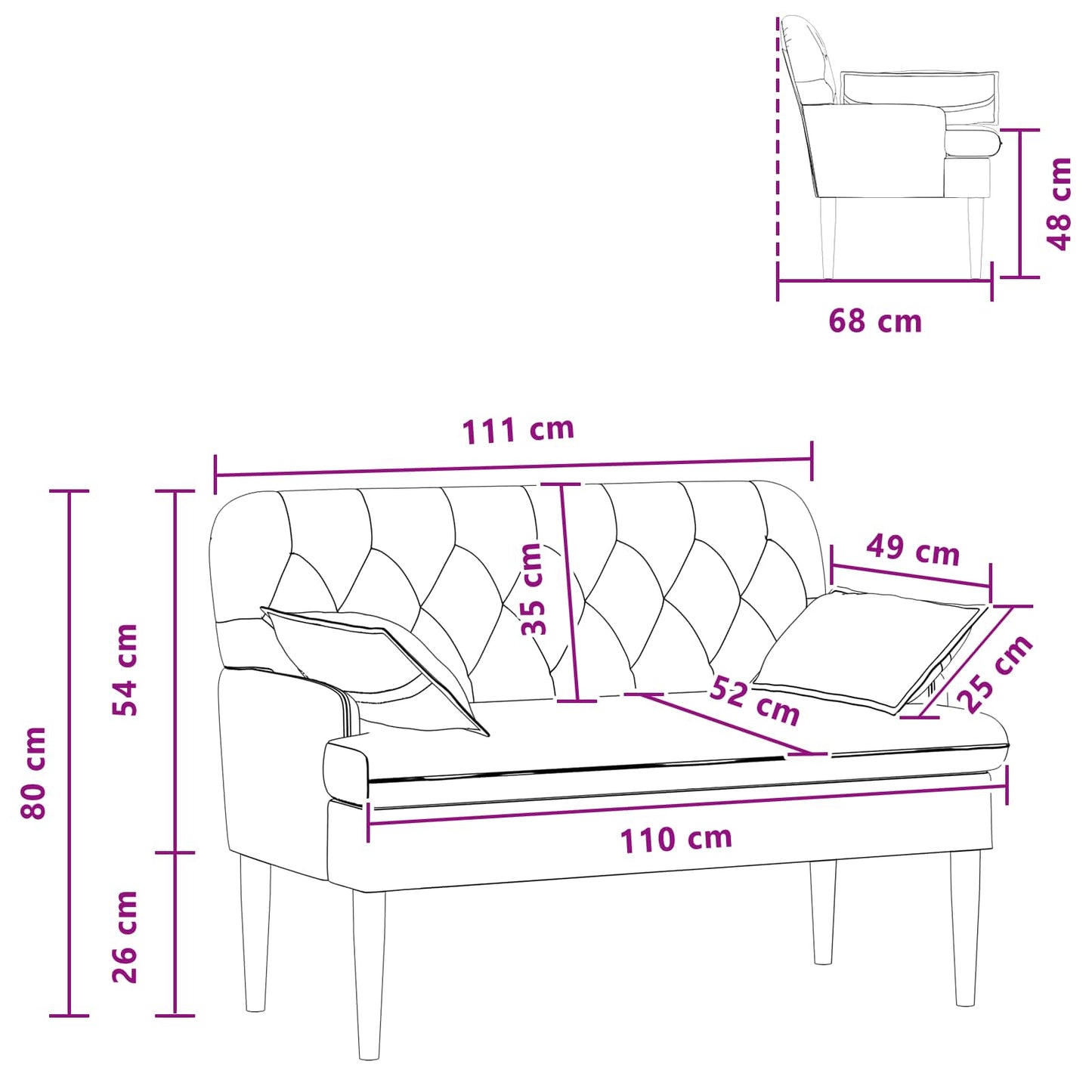 Zweisitzer Mit Knopfheftung Schwarz 111 X 68 X 80 Cm Stoff