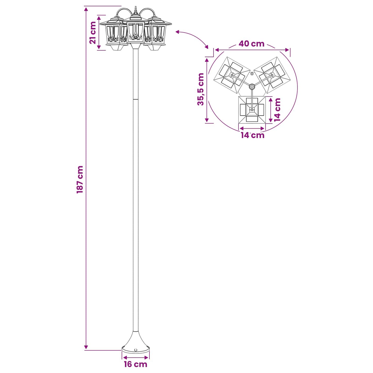 3-Kopf Laternenpfahl Schwarz 16 X 16 X 187 Cm Aluminium Und Abs