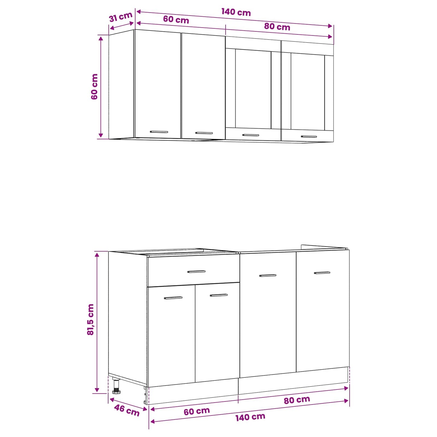 Kücheneinheit Lyon 4 Pcs Schwarze Eiche Holzwerkstoff