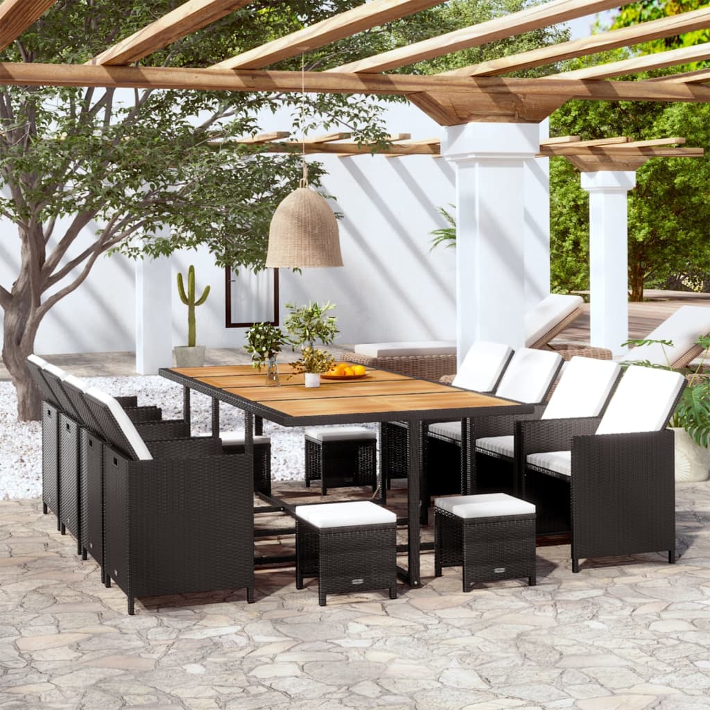 13-Tlg. Garten-Essgruppe Poly Rattan Akazienholz Schwarz