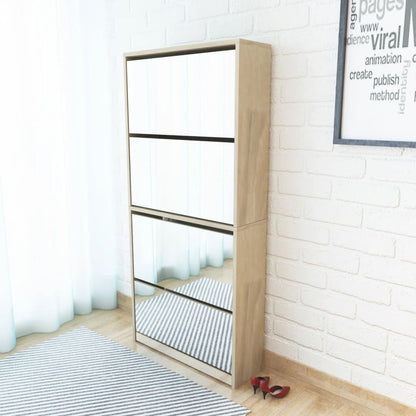 Schuhschrank Mit 4 Fächern Spiegel 63×17×134 Cm Eiche