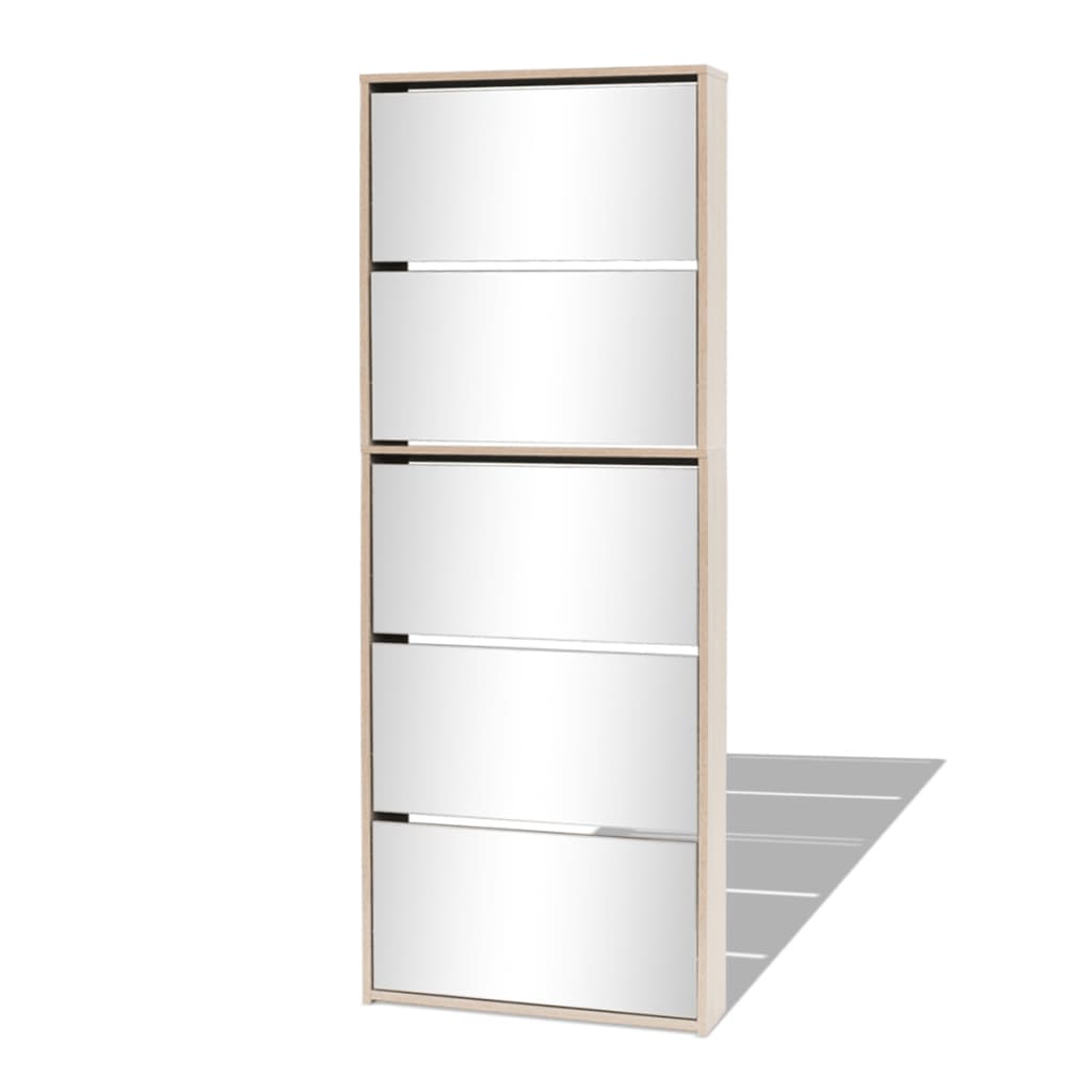 Schuhschrank Mit 5 Fächern Spiegel 63X17X169,5 Cm Eiche