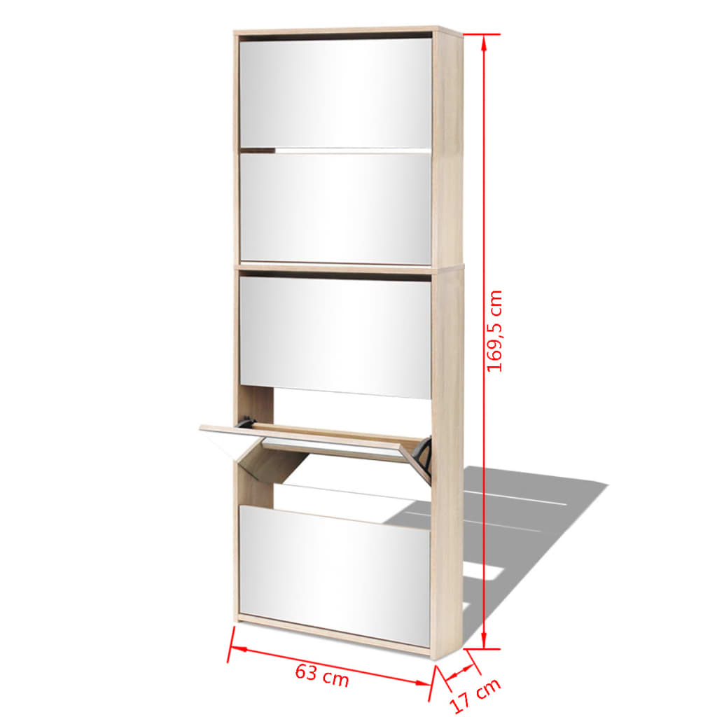 Schuhschrank Mit 5 Fächern Spiegel 63X17X169,5 Cm Eiche