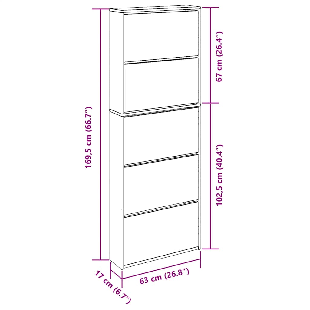 Schuhschrank Mit 5 Fächern Spiegel 63X17X169,5 Cm Eiche