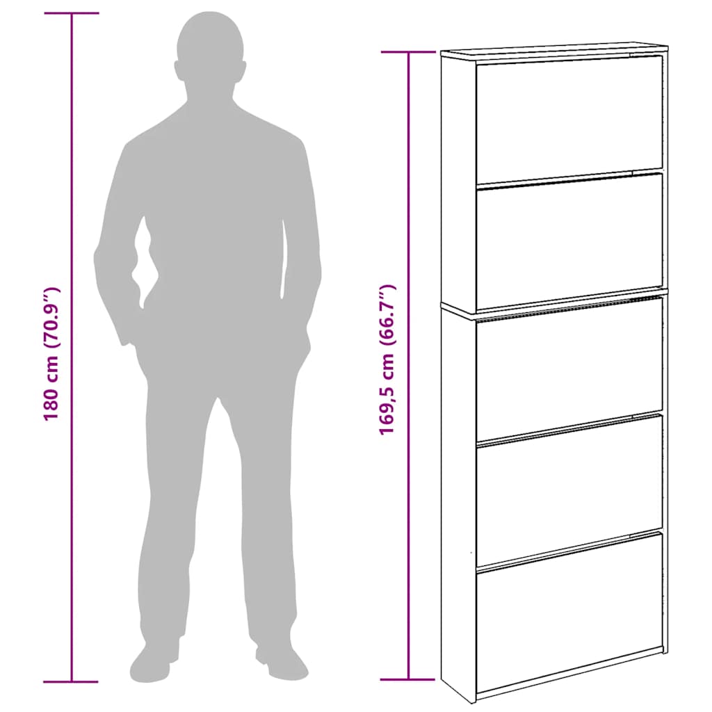 Schuhschrank Mit 5 Fächern Spiegel 63X17X169,5 Cm Eiche