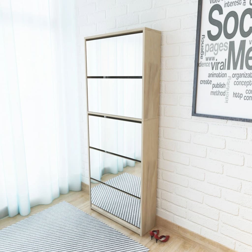 Schuhschrank Mit 5 Fächern Spiegel 63X17X169,5 Cm Eiche