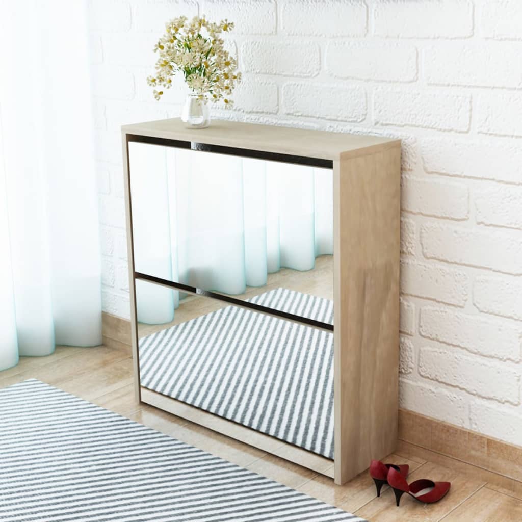 Schuhschrank Mit 2 Fächern Spiegel -Optik 63X17X Eiche