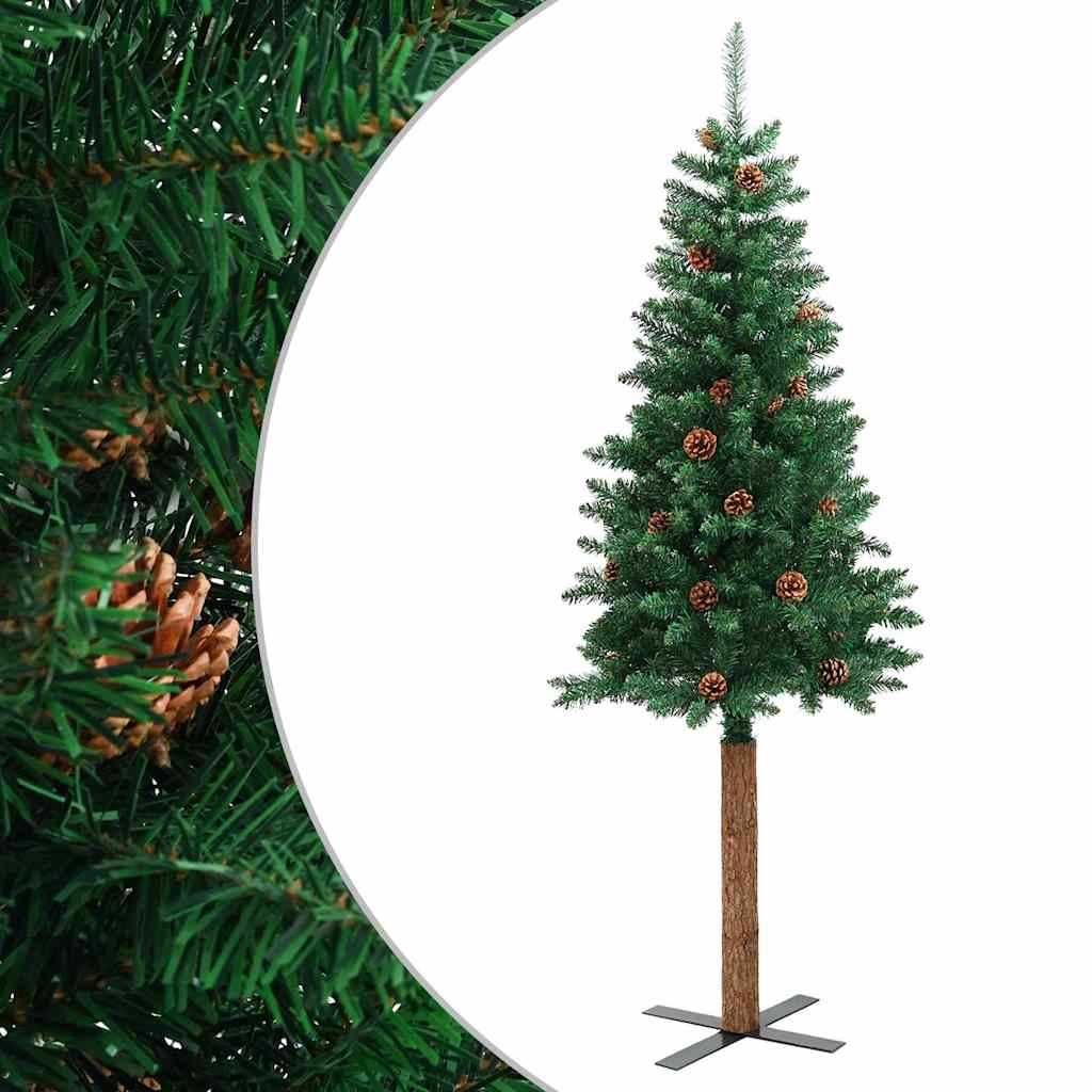 Weihnachtsbaum Schlank Mit Echtholz Und Zapfen Grün 150 Cm Pvc Grün