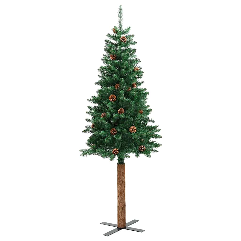 Weihnachtsbaum Schlank Mit Echtholz Und Zapfen Grün 150 Cm Pvc Grün