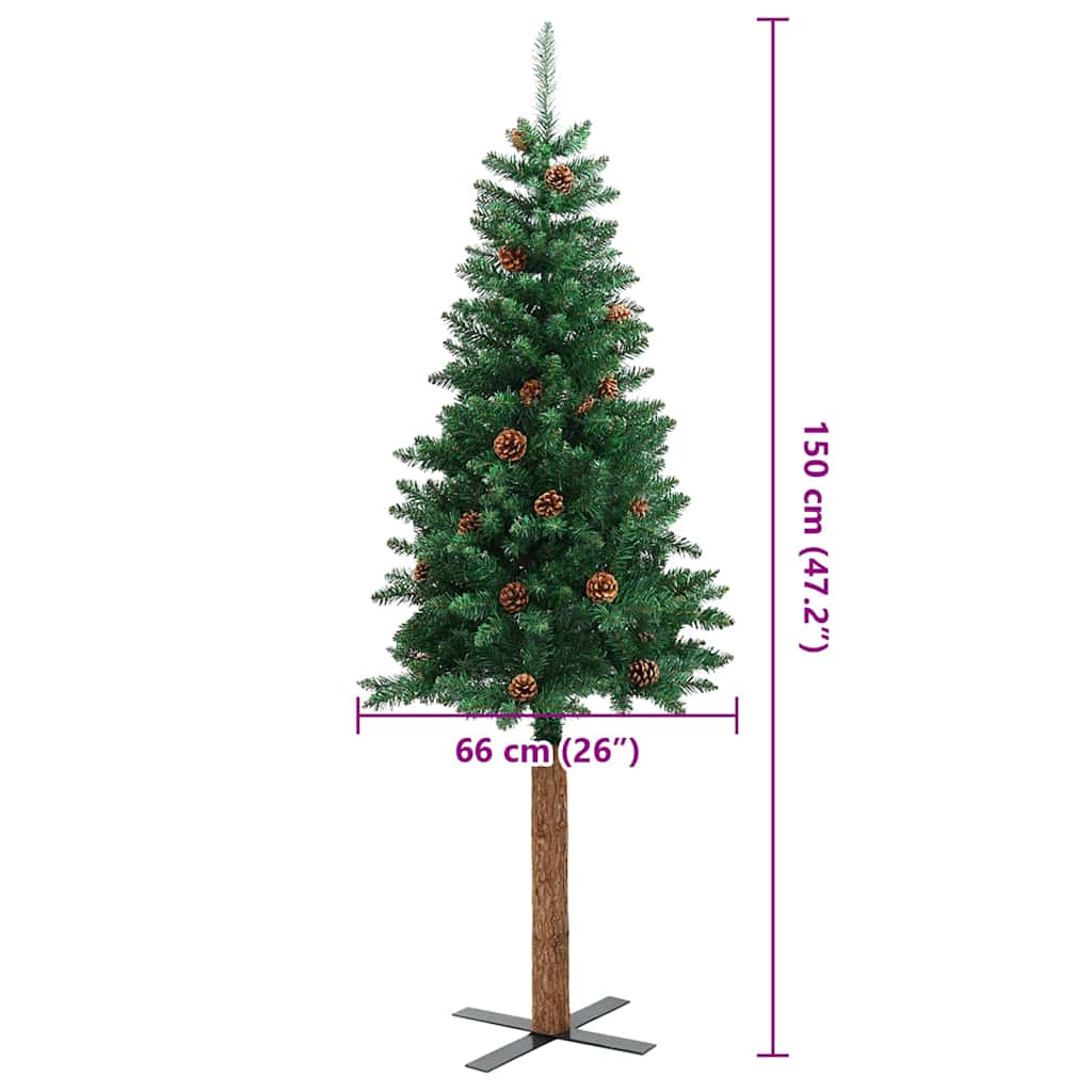 Weihnachtsbaum Schlank Mit Echtholz Und Zapfen Grün 150 Cm Pvc Grün