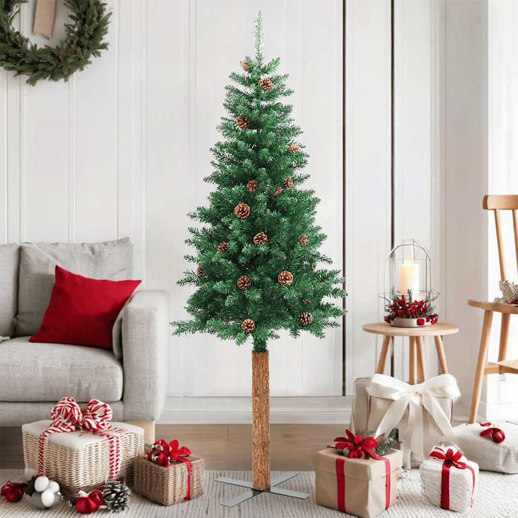 Weihnachtsbaum Schlank Mit Echtholz Und Zapfen Grün 150 Cm Pvc Grün