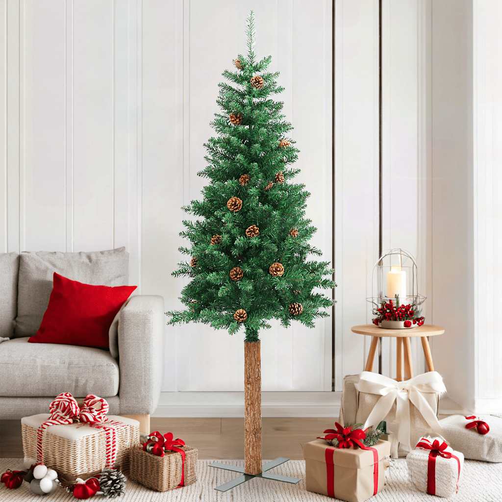 Weihnachtsbaum Schlank Mit Echtholz Und Zapfen Grün 150 Cm Pvc Grün