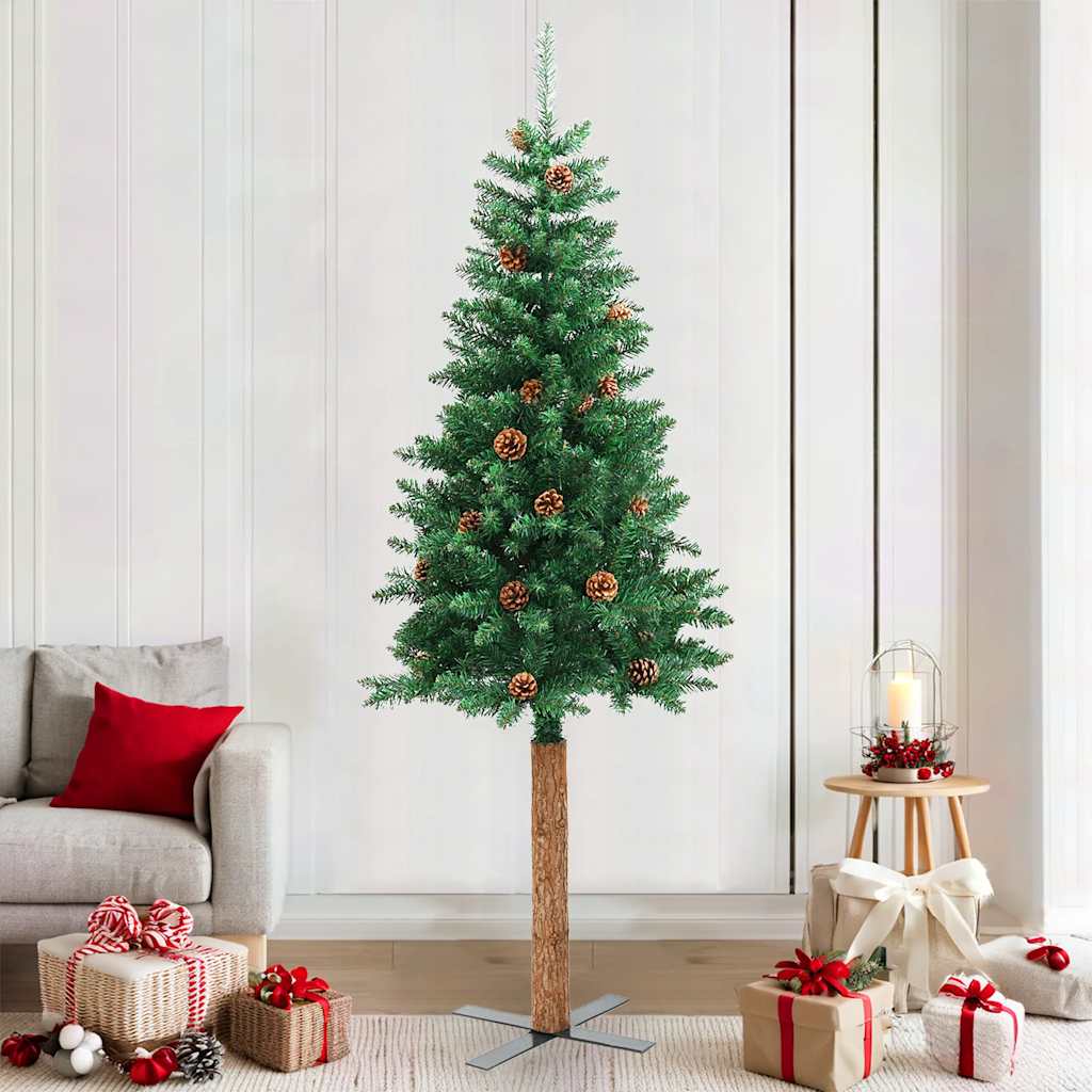 Weihnachtsbaum Schlank Mit Echtholz Und Zapfen Grün 150 Cm Pvc Grün