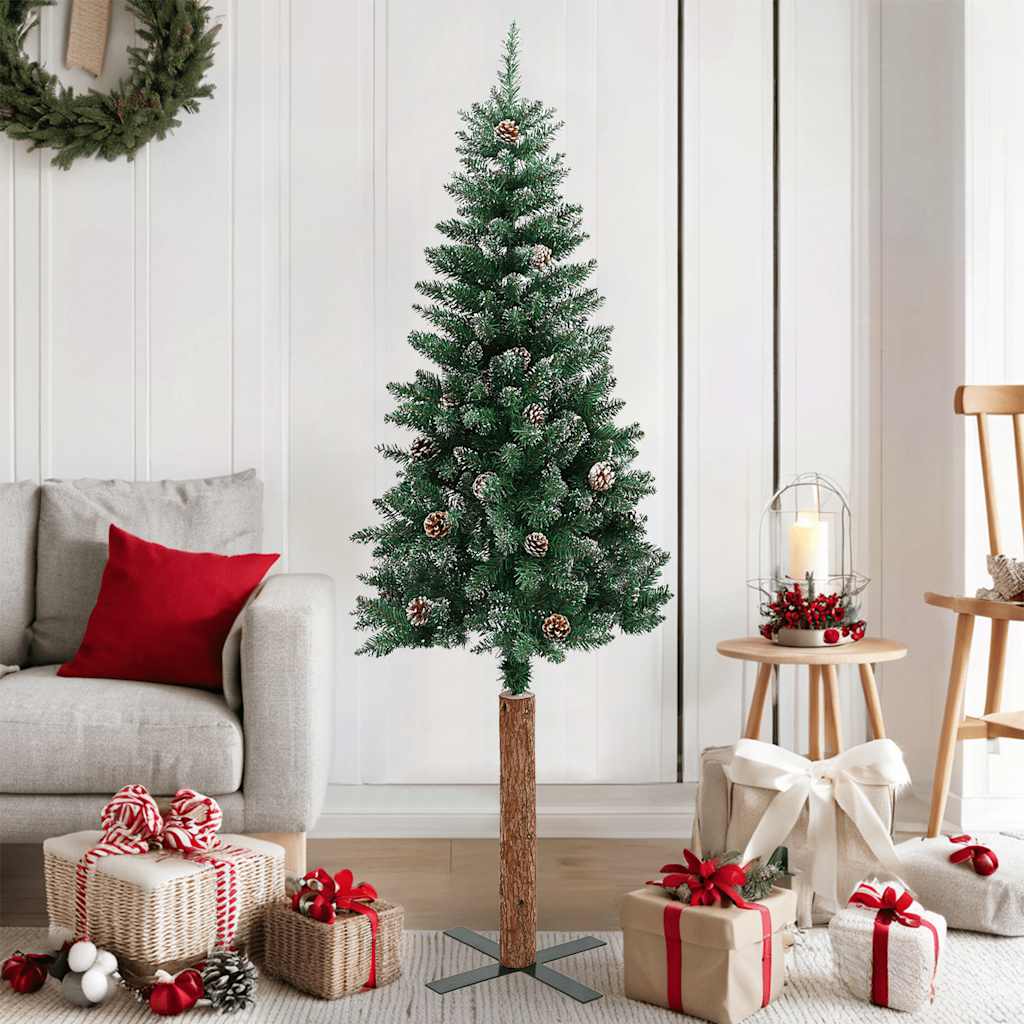 Weihnachtsbaum Schlank Mit Echtholz Und Zapfen Grün 150 Cm Pvc Grün