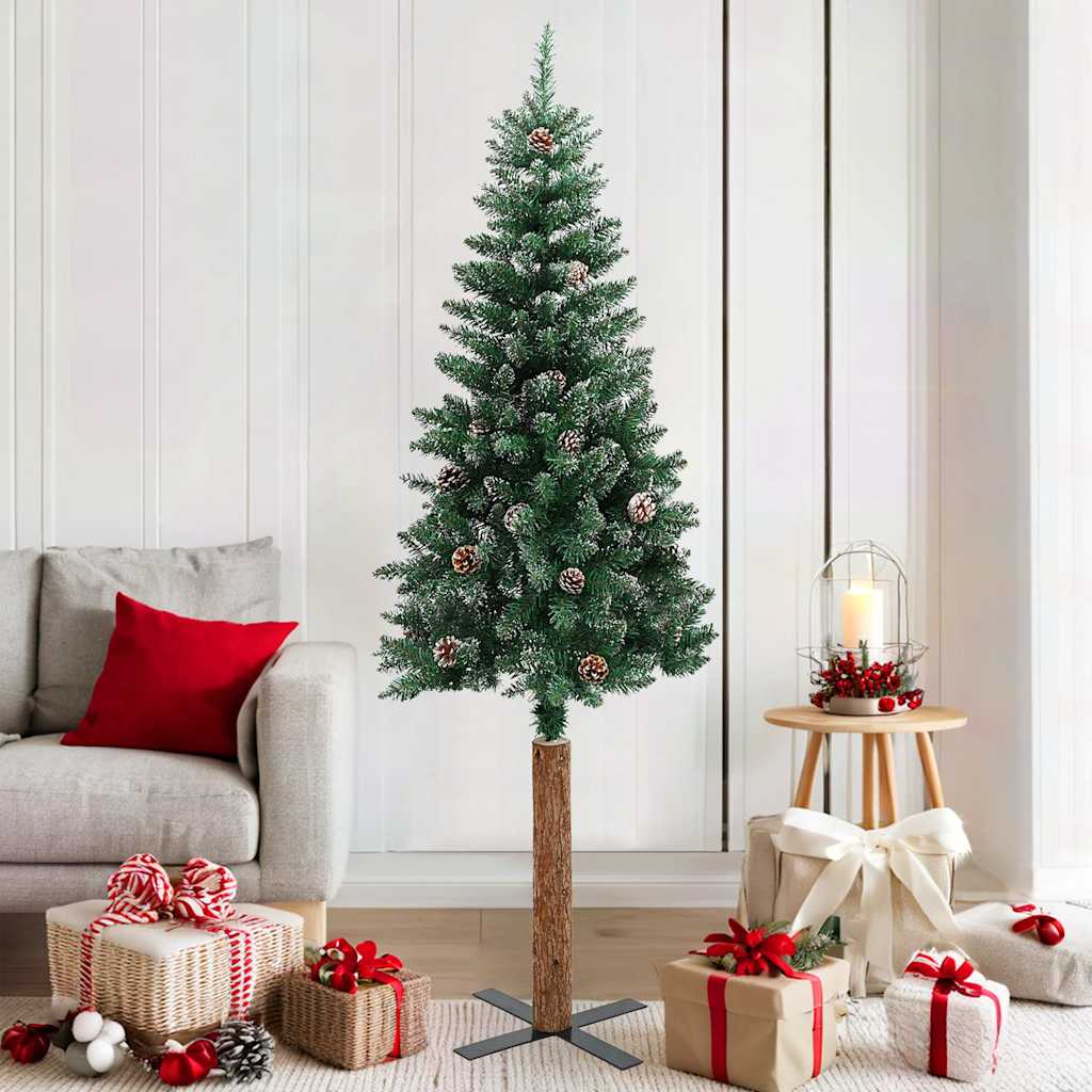 Weihnachtsbaum Schlank Mit Echtholz Und Zapfen Grün 150 Cm Pvc Grün