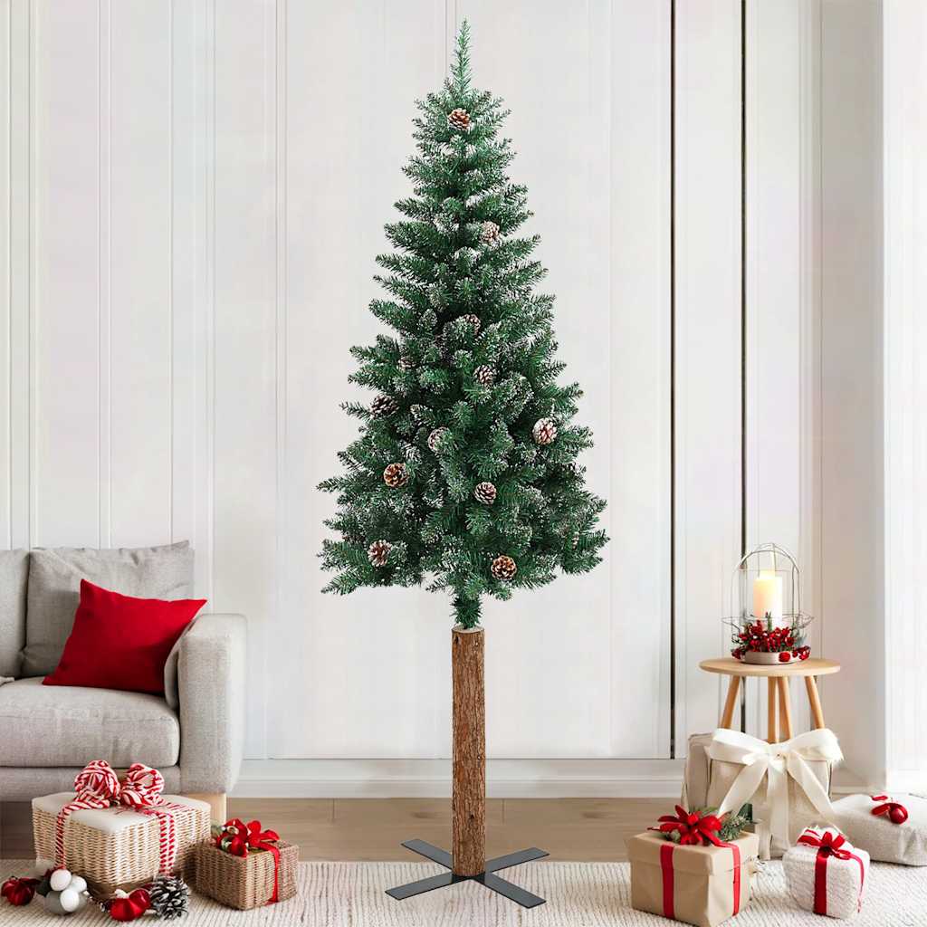 Weihnachtsbaum Schlank Mit Echtholz Und Zapfen Grün 150 Cm Pvc Grün