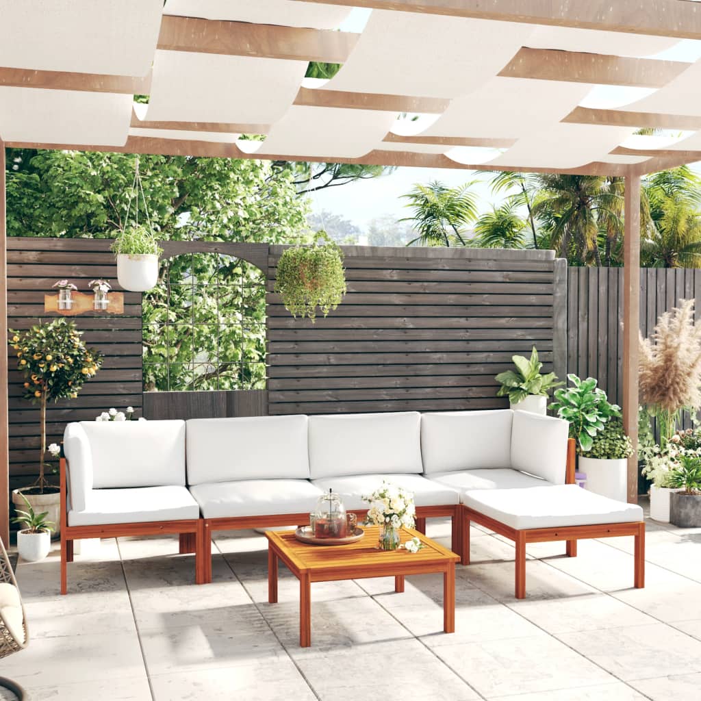 6-Tlg. Garten-Lounge-Set Mit Kissen Cremefarbenes Holz Akazie & Seil