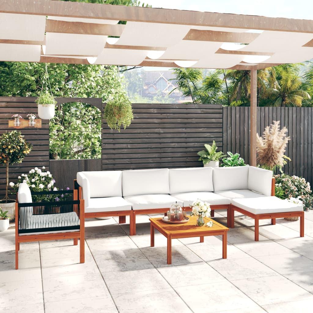 6-Tlg. Garten-Lounge-Set Mit Kissen Cremefarbenes Holz Akazie & Seil