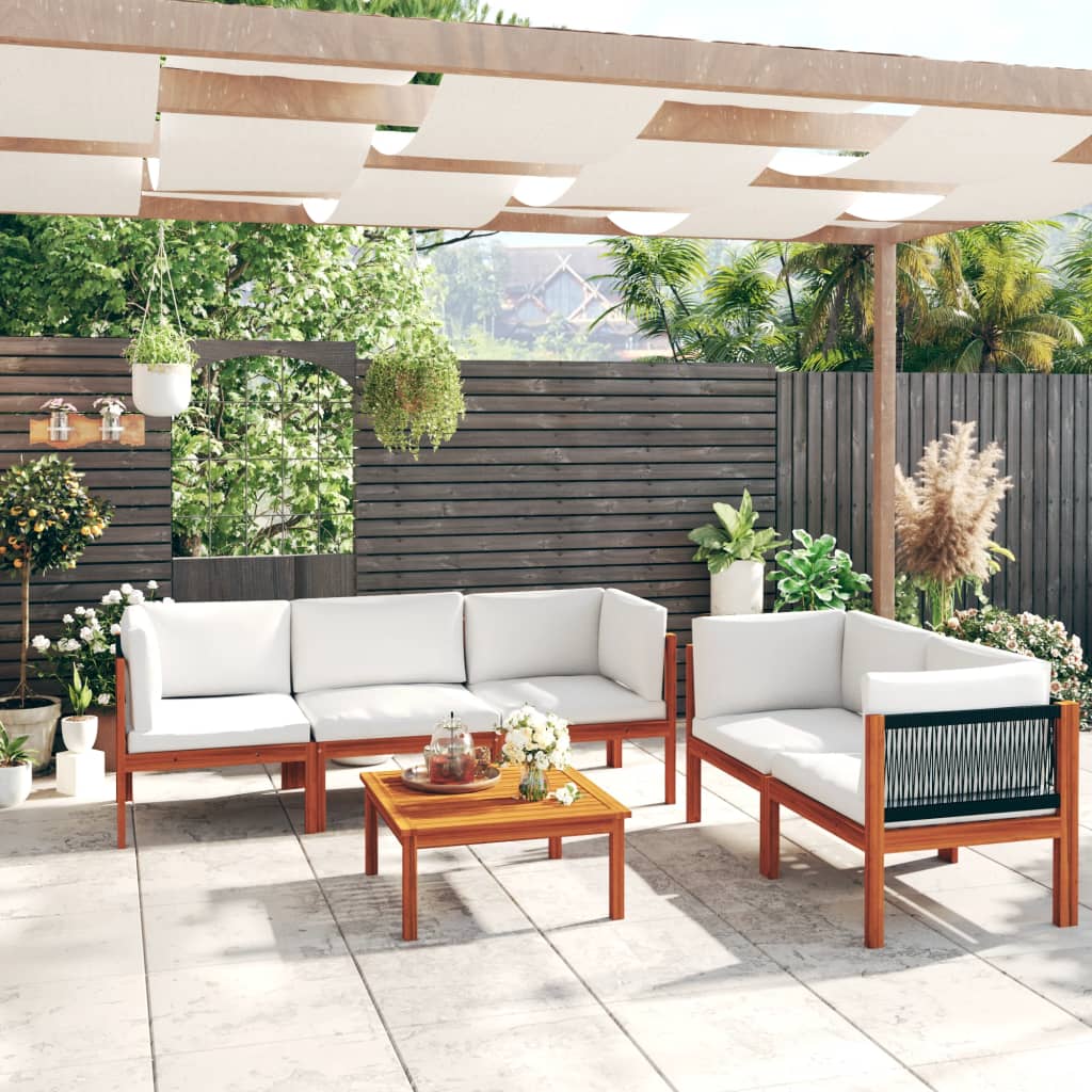 6-Tlg. Garten-Lounge-Set Mit Kissen Cremefarbenes Holz Akazie & Seil