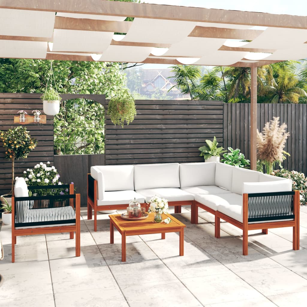 6-Tlg. Garten-Lounge-Set Mit Kissen Cremefarbenes Holz Akazie & Seil