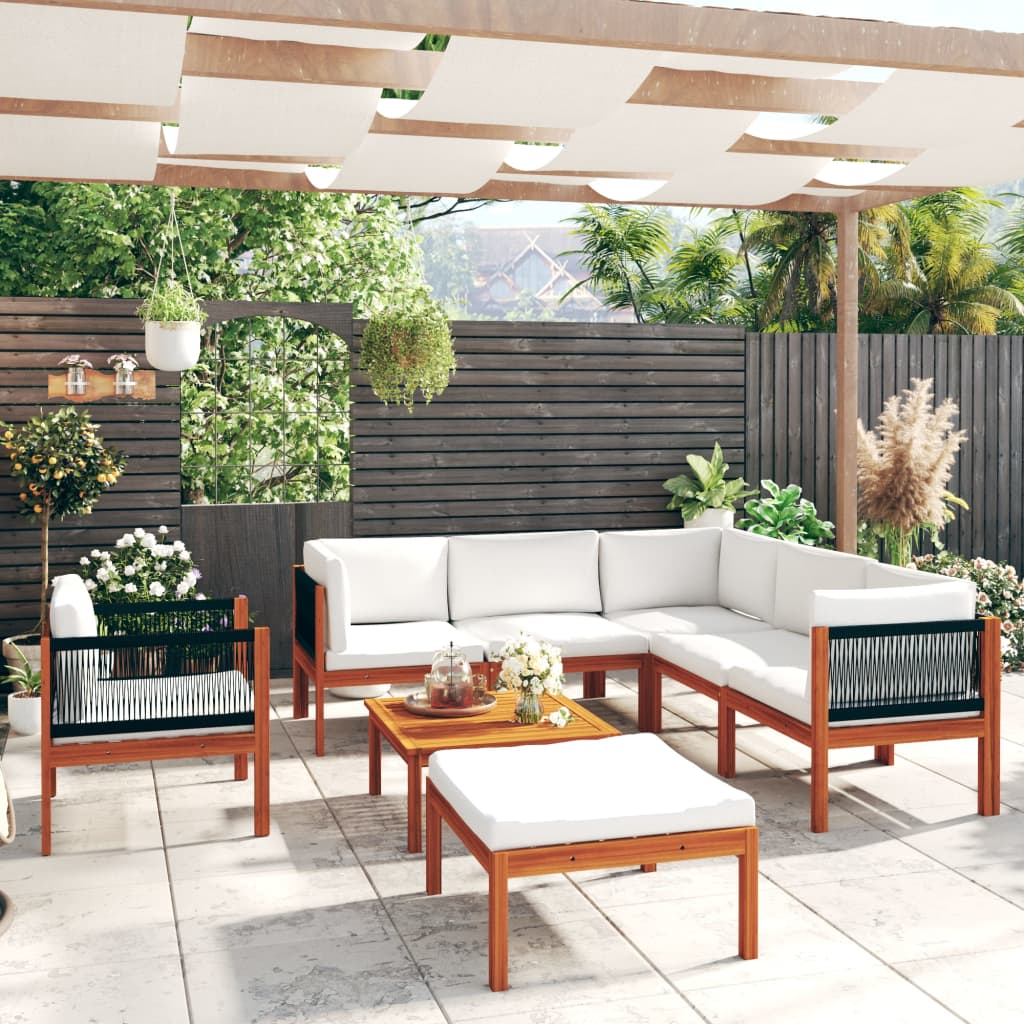 6-Tlg. Garten-Lounge-Set Mit Kissen Cremefarbenes Holz Akazie & Seil