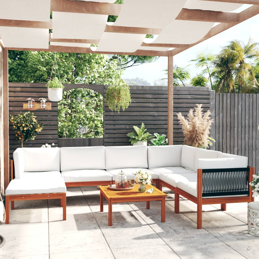 6-Tlg. Garten-Lounge-Set Mit Kissen Cremefarbenes Holz Akazie & Seil