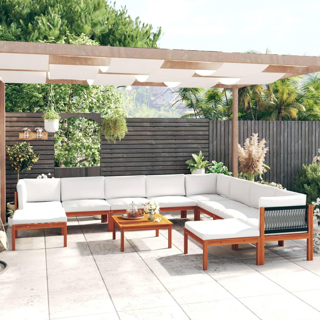 6-Tlg. Garten-Lounge-Set Mit Kissen Cremefarbenes Holz Akazie & Seil