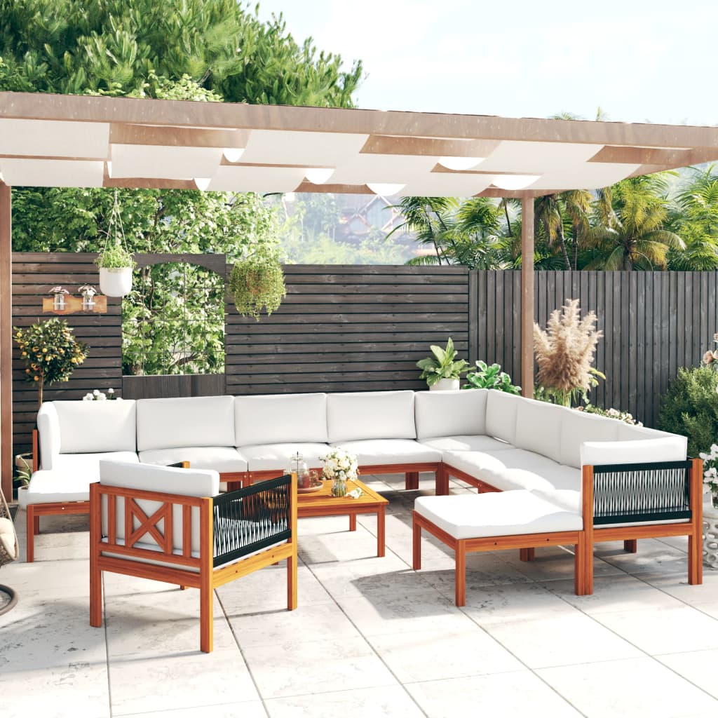 6-Tlg. Garten-Lounge-Set Mit Kissen Cremefarbenes Holz Akazie & Seil