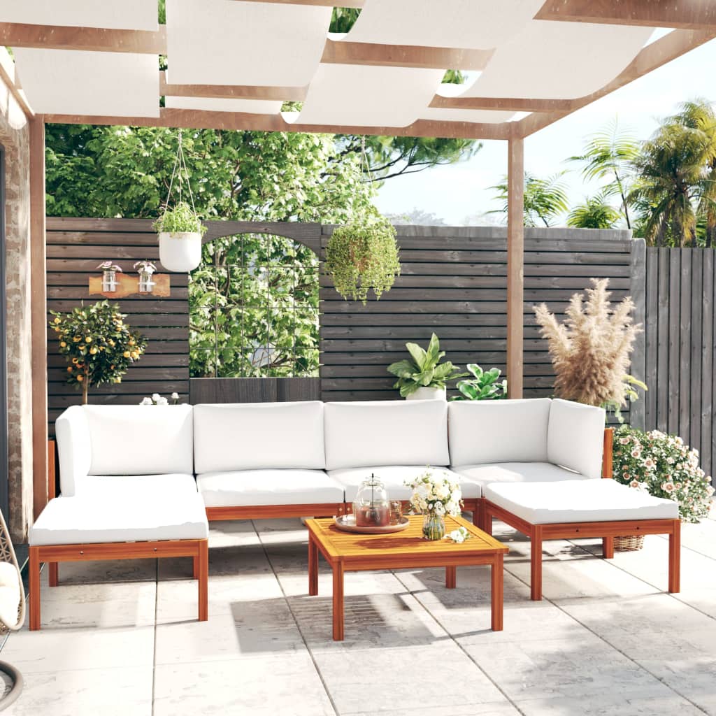 6-Tlg. Garten-Lounge-Set Mit Kissen Cremefarbenes Holz Akazie & Seil