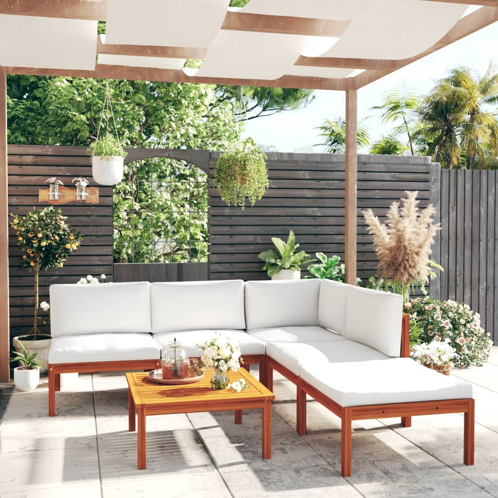 6-Tlg. Garten-Lounge-Set Mit Kissen Cremefarbenes Holz Akazie & Seil