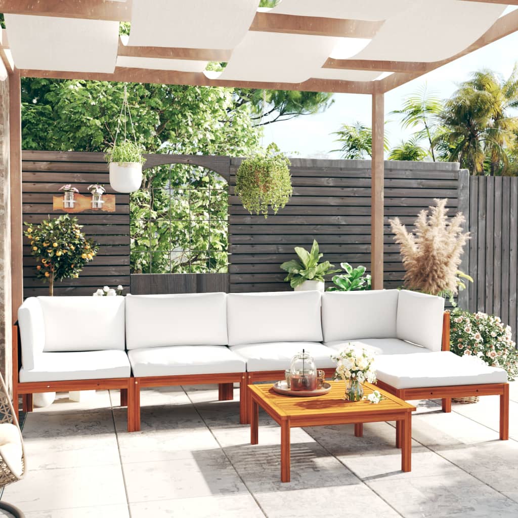 6-Tlg. Garten-Lounge-Set Mit Kissen Cremefarbenes Holz Akazie & Seil