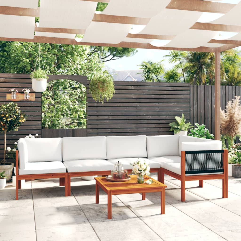 6-Tlg. Garten-Lounge-Set Mit Kissen Cremefarbenes Holz Akazie & Seil