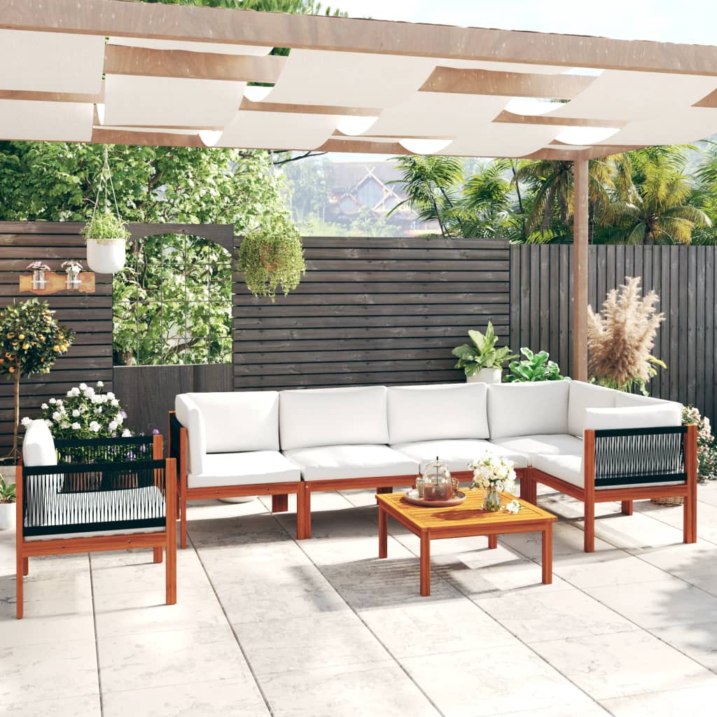 6-Tlg. Garten-Lounge-Set Mit Kissen Cremefarbenes Holz Akazie & Seil