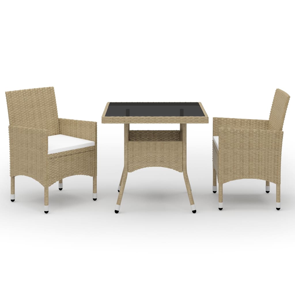 3-Tlg. Garten-Essgruppe Poly Rattan Und Glas
