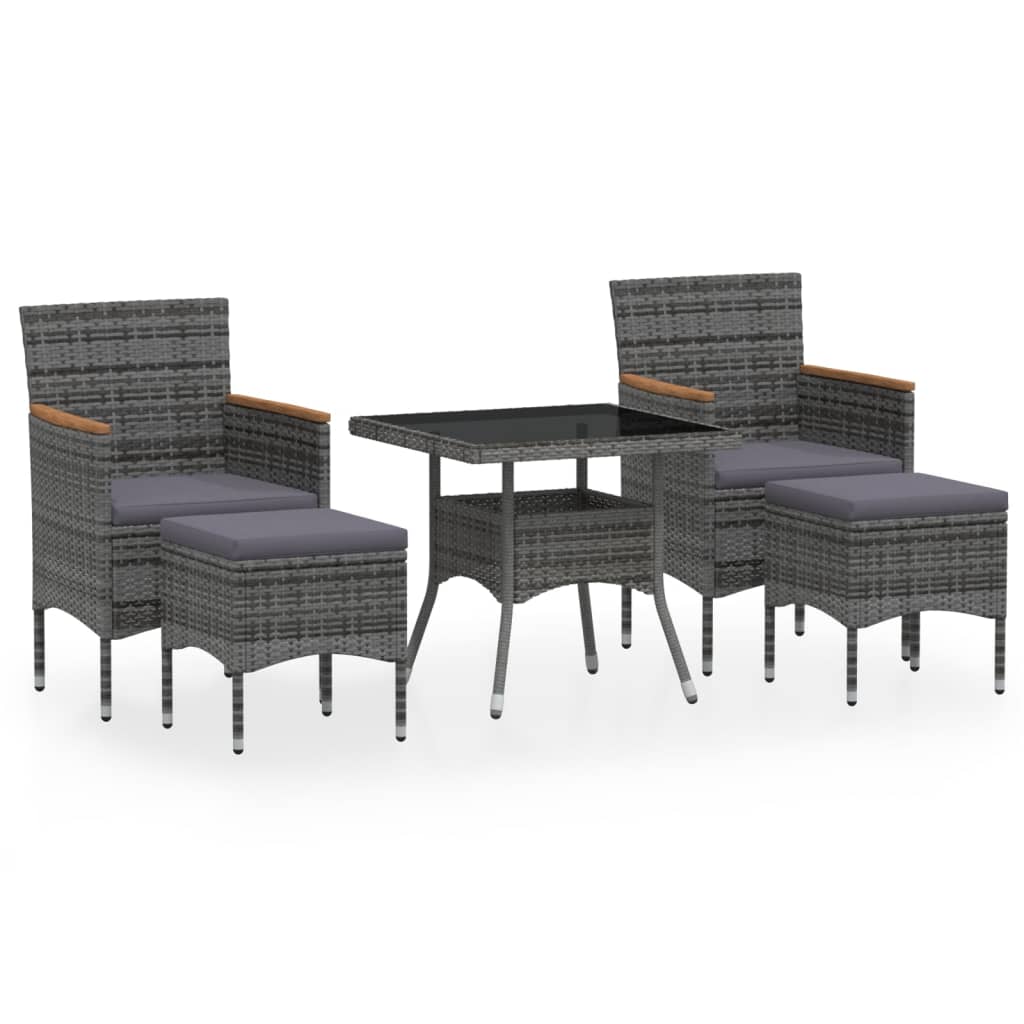 5-Tlg. Garten-Essgruppe Poly Rattan Und Hartglas Grau