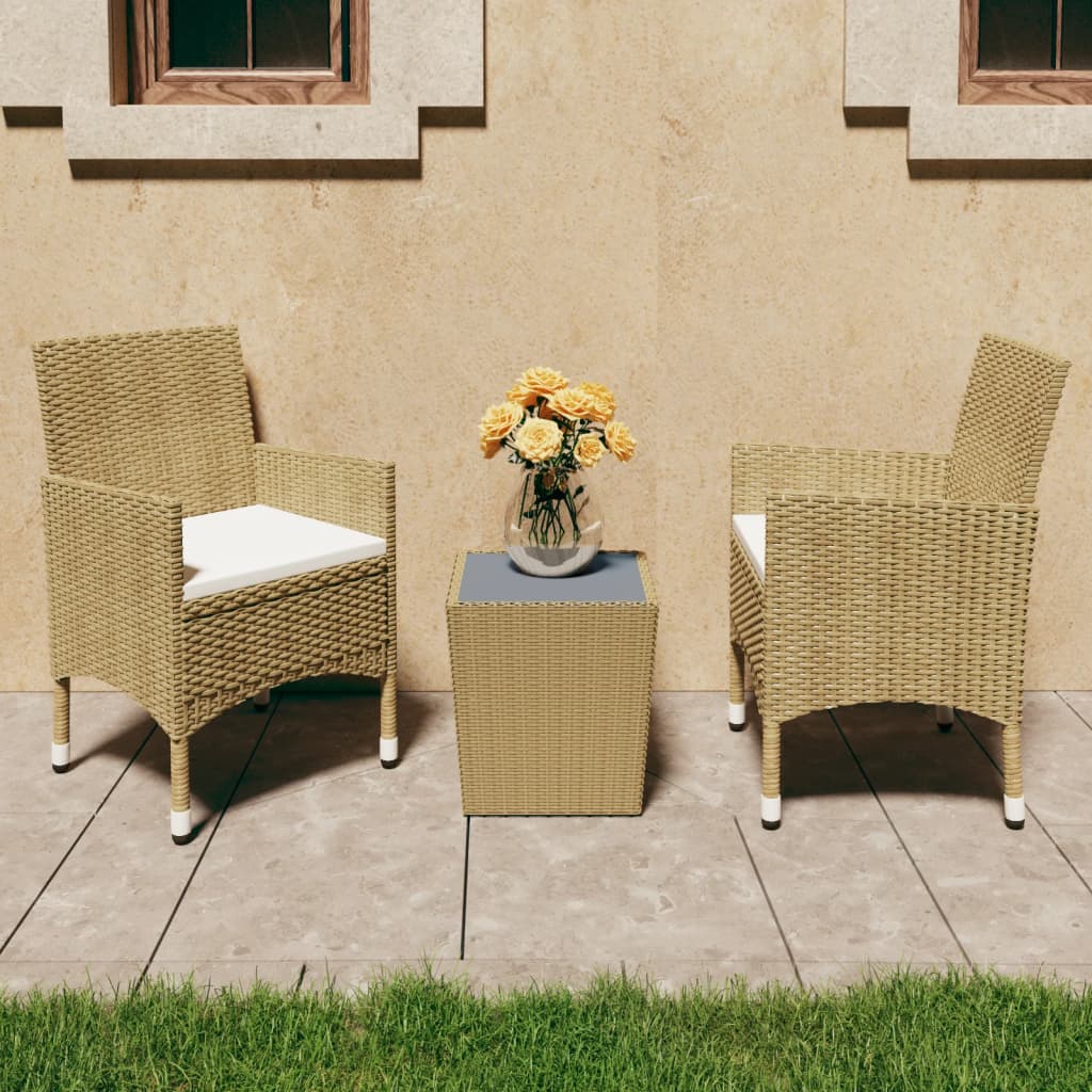 3-Tlg. Bistro-Set Poly Rattan Und Hartglas
