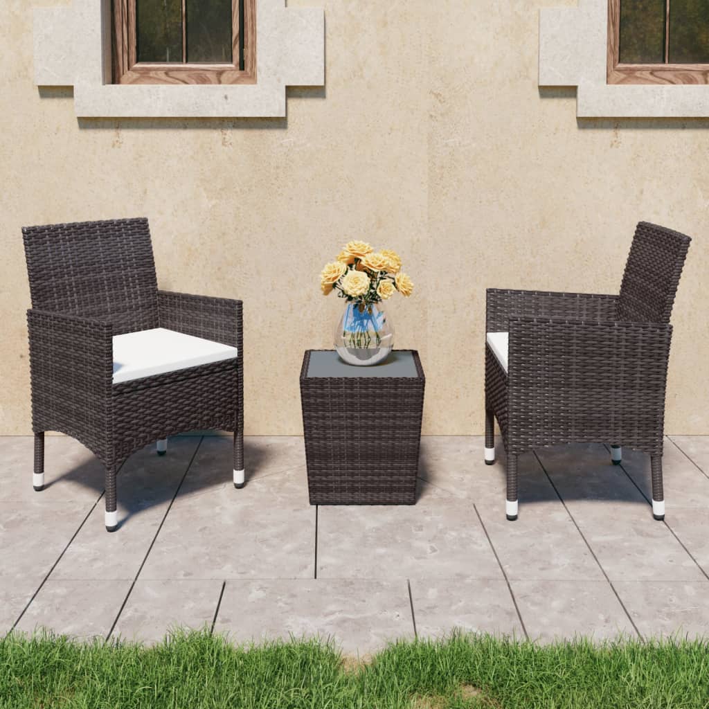 3-Tlg. Bistro-Set Poly Rattan Und Hartglas