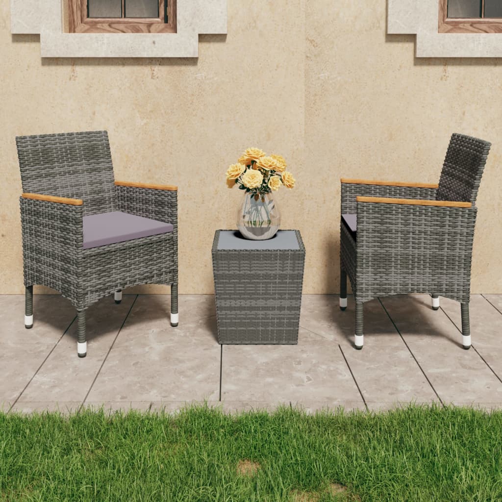 3-Tlg. Bistro-Set Poly Rattan Und Hartglas