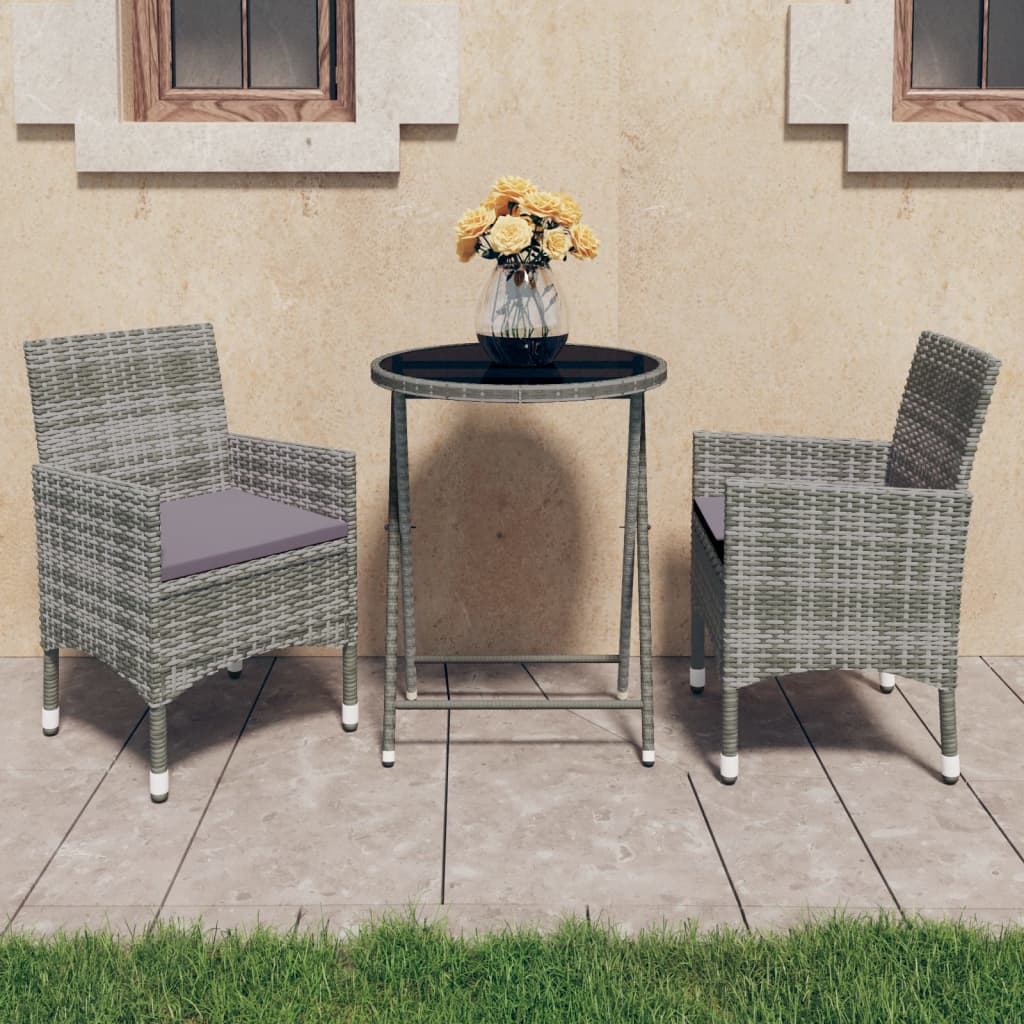3-Tlg. Bistro-Set Poly Rattan Und Hartglas