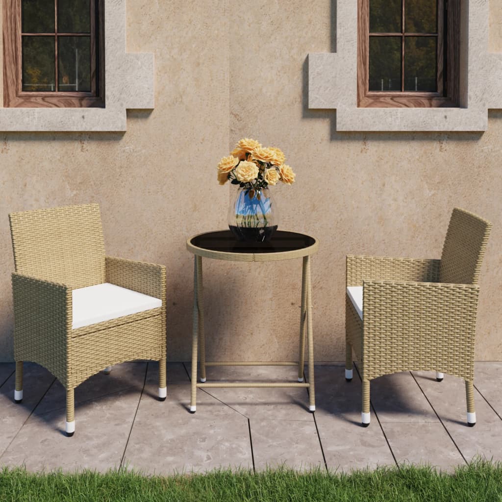 3-Tlg. Bistro-Set Poly Rattan Und Hartglas