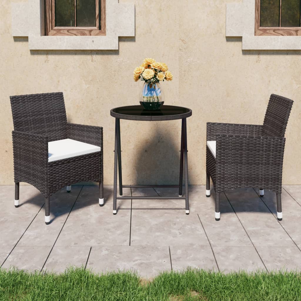 3-Tlg. Bistro-Set Poly Rattan Und Hartglas
