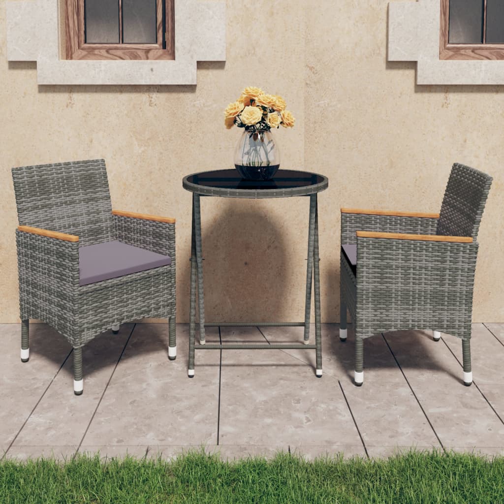 3-Tlg. Bistro-Set Poly Rattan Und Hartglas