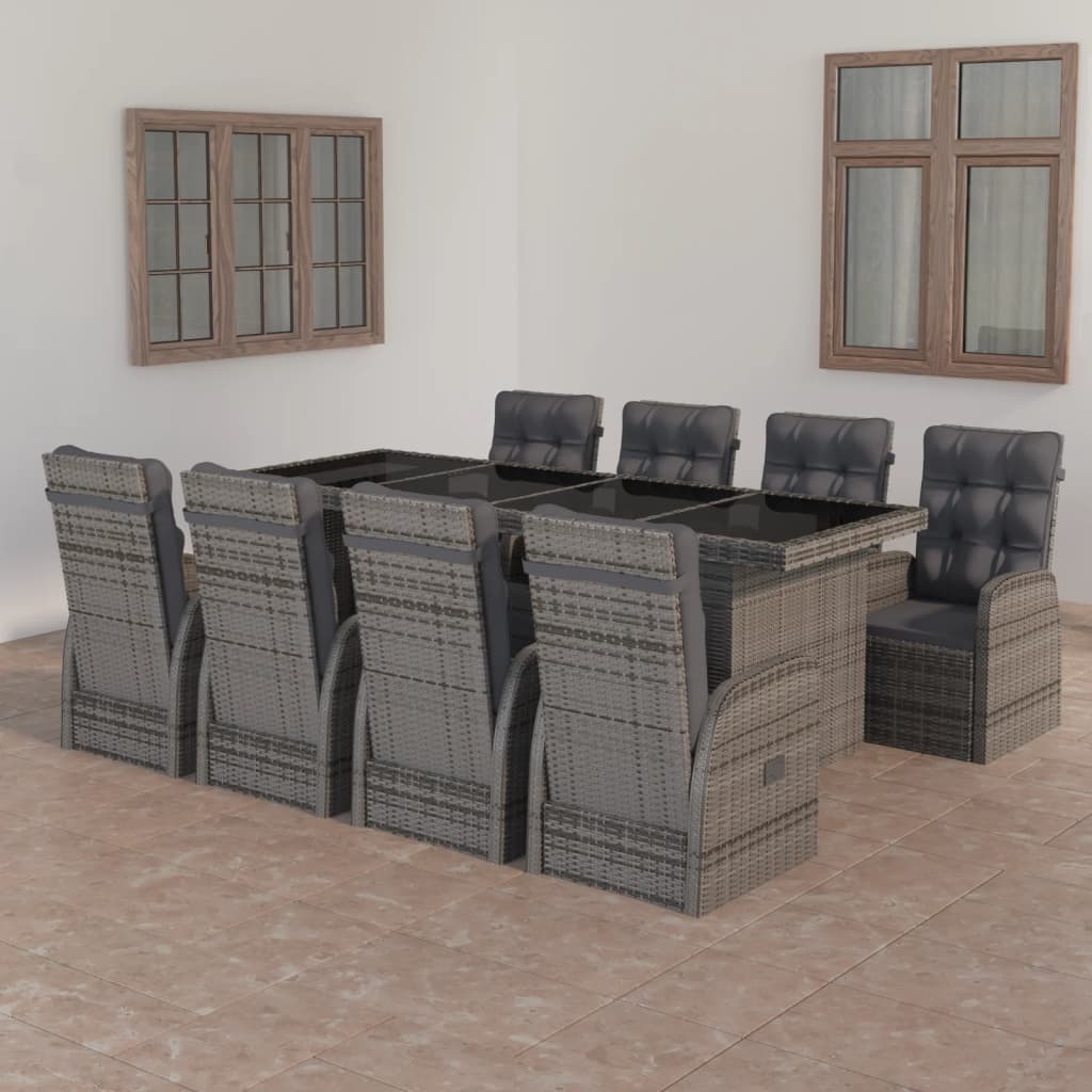 9-Tlg. Garten-Essgruppe Mit Kissen Poly Rattan Grau