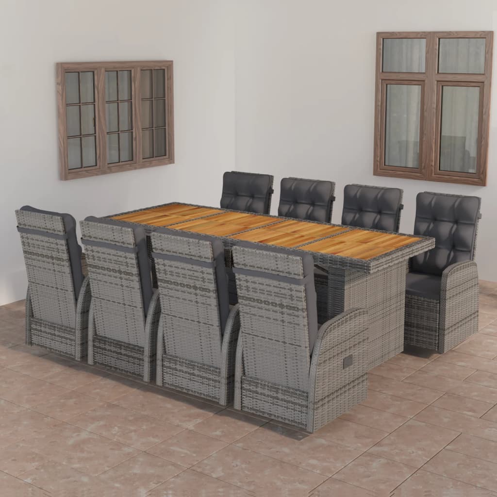 9-Tlg. Garten-Essgruppe Mit Kissen Poly Rattan Grau